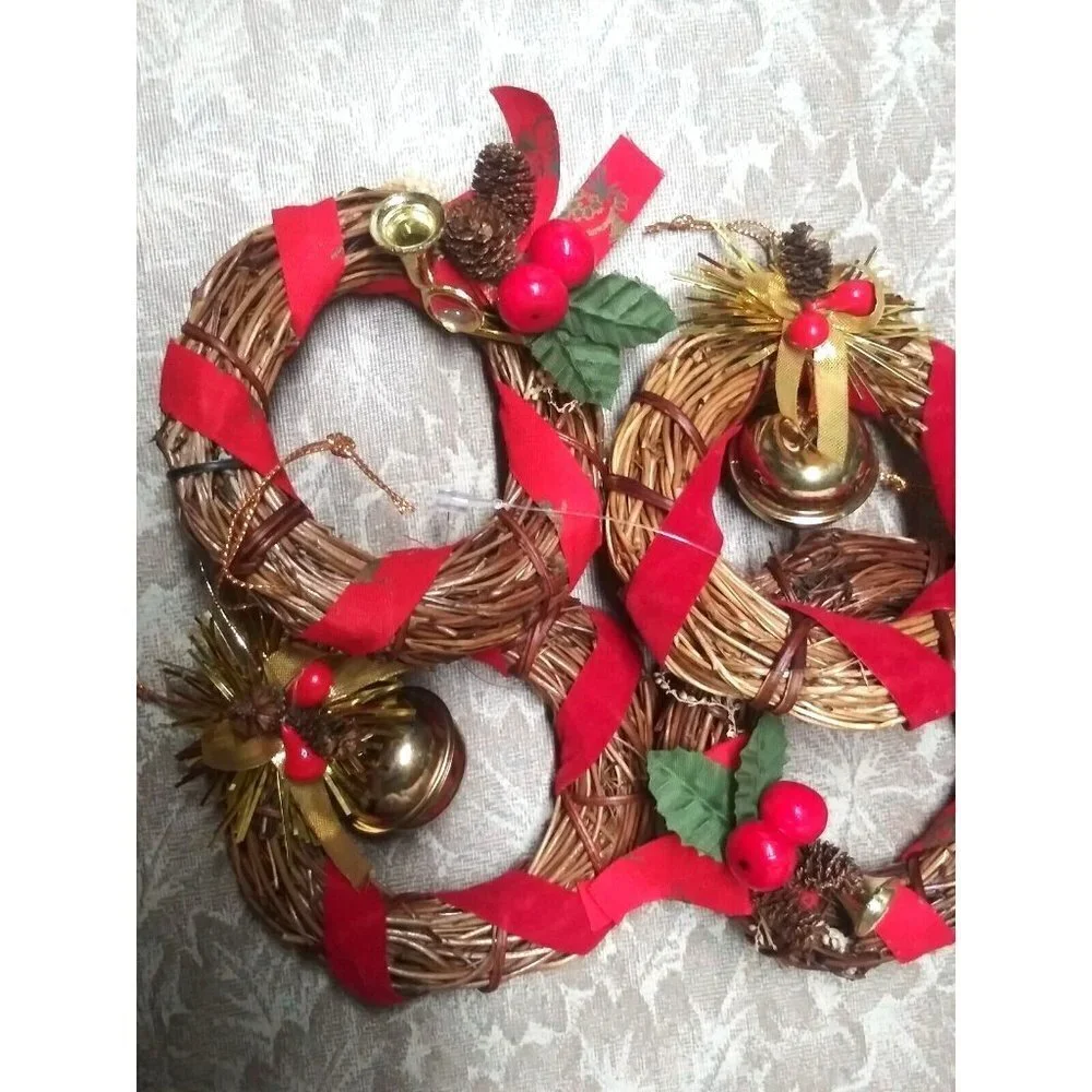 Set of 4 Christmas ornaments Rattan Woven Wreaths small 4